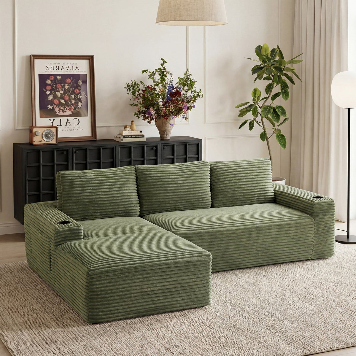 Compressible U-Shaped Sectional Sofa Set,Minimalist Style Modular Sectional Sofa, Corduroy Fabric Cloud Couch for Living Room - Sonkuki