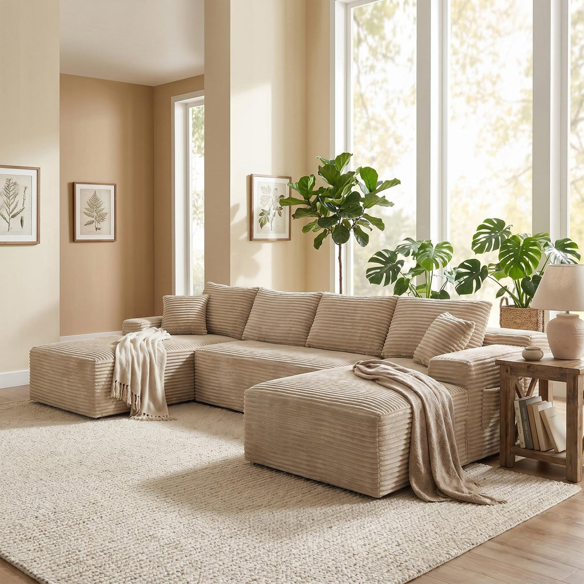 Compressible U-Shaped Sectional Sofa Set,Minimalist Style Modular Sectional Sofa, Corduroy Fabric Cloud Couch for Living Room - Sonkuki
