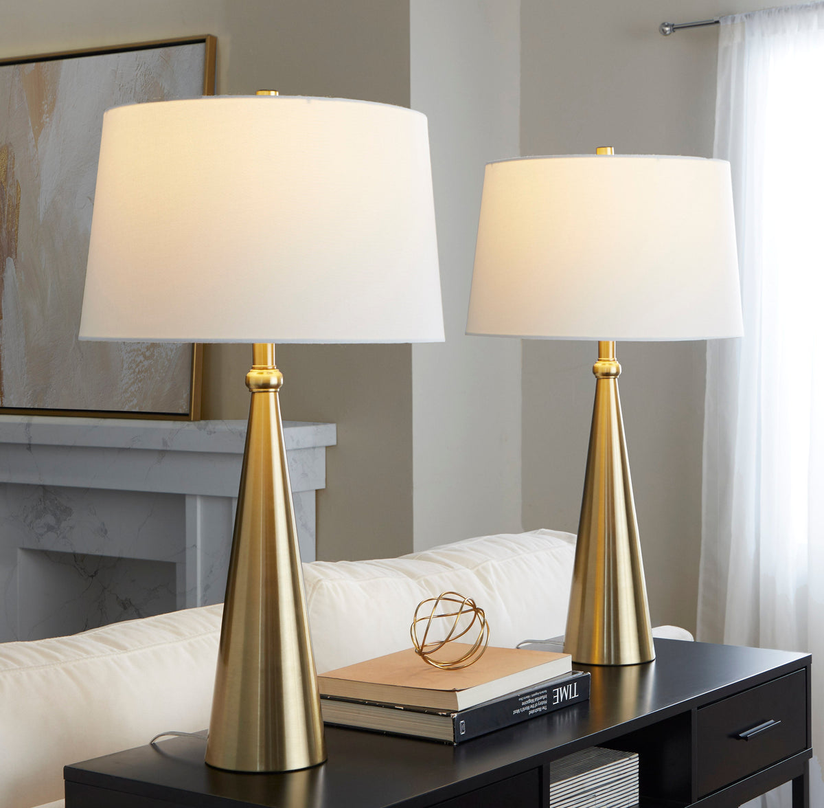 Cone 30" Contemporary Metal Table Lamp in Gold and White Linen by LumiSource - Set of 2 - Sonkuki