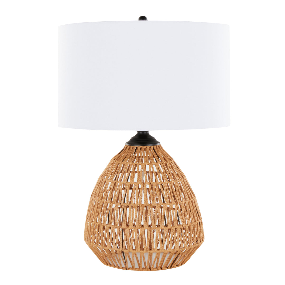 Congo 29" Contemporary Rattan Table Lamp in Natural Rope Rattan, Matte Black Metal and White Linen Shade from Grandview Gallery by LumiSource - Sonkuki