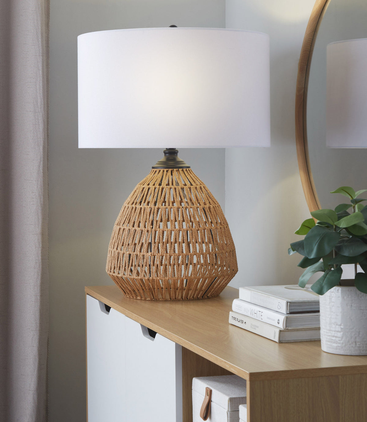Congo 29" Contemporary Rattan Table Lamp in Natural Rope Rattan, Matte Black Metal and White Linen Shade from Grandview Gallery by LumiSource - Sonkuki
