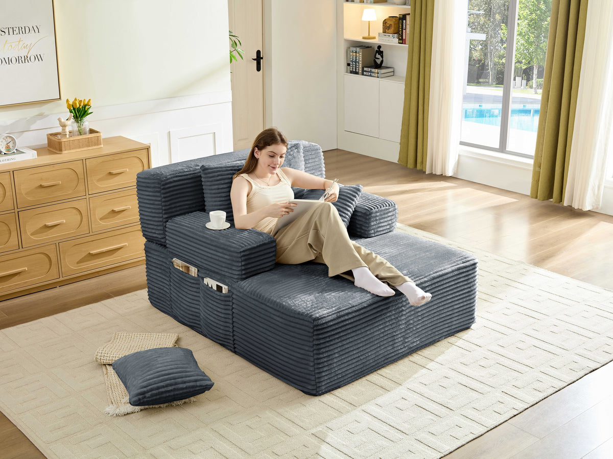 Convertible Oversized Chaise Lounge Sofa Bed with Adjustable Backrest & Storage Pocket, Striped Plush Upholstered Modular Sleeper Couch for Multi‑Scene Use - Sonkuki