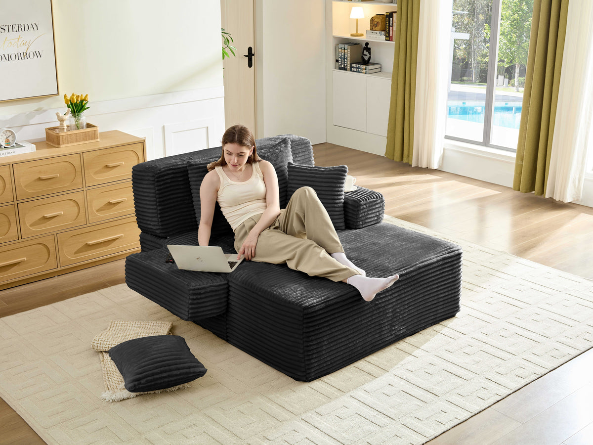 Convertible Oversized Chaise Lounge Sofa Bed with Adjustable Backrest & Storage Pocket, Striped Plush Upholstered Modular Sleeper Couch for Multi‑Scene Use - Sonkuki