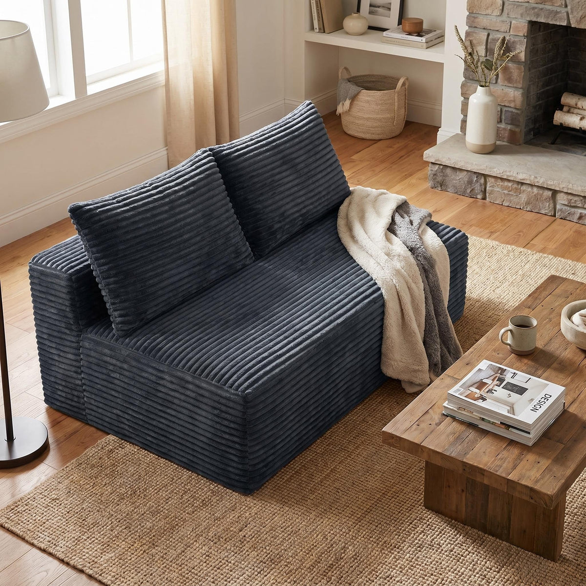 Corduroy Ground-Hugging Compressed Loveseat, Armless No-Legs 2-Seater Sofa for Living Room Small Apartment - Sonkuki