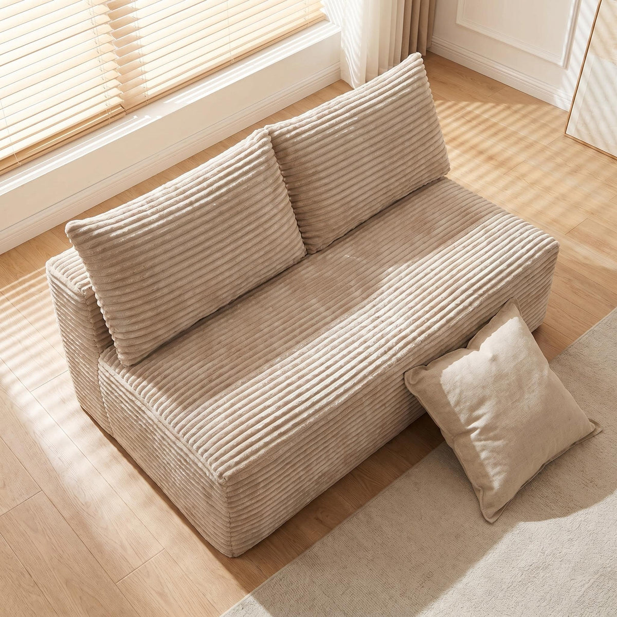 Corduroy Ground-Hugging Compressed Loveseat, Armless No-Legs 2-Seater Sofa for Living Room Small Apartment - Sonkuki
