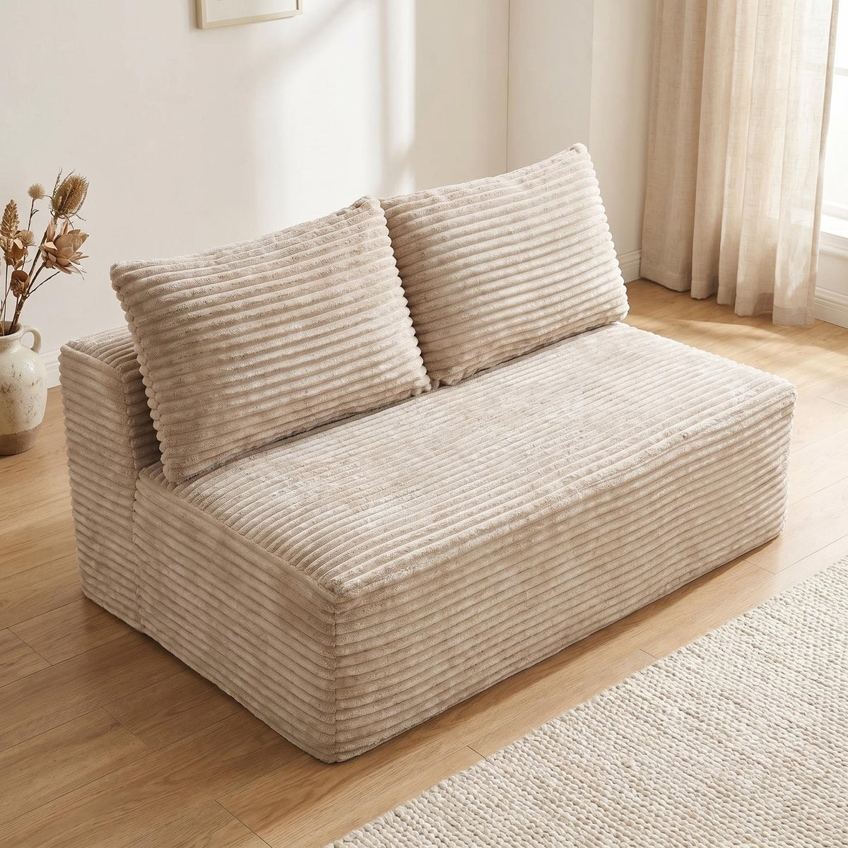 Corduroy Ground-Hugging Compressed Loveseat, Armless No-Legs 2-Seater Sofa for Living Room Small Apartment - Sonkuki