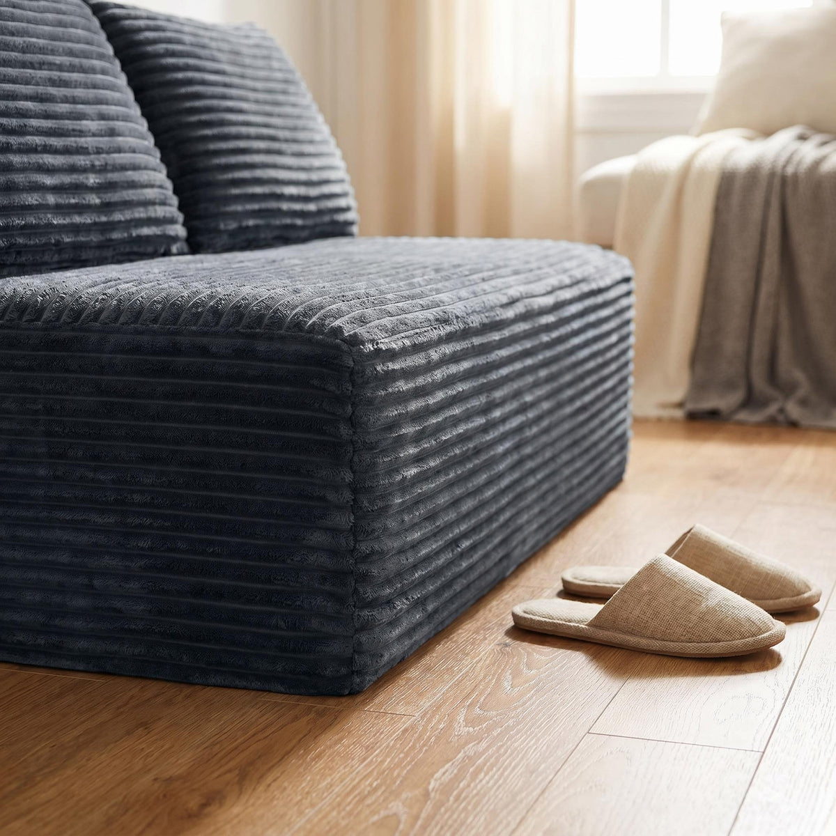 Corduroy Ground-Hugging Compressed Loveseat, Armless No-Legs 2-Seater Sofa for Living Room Small Apartment - Sonkuki