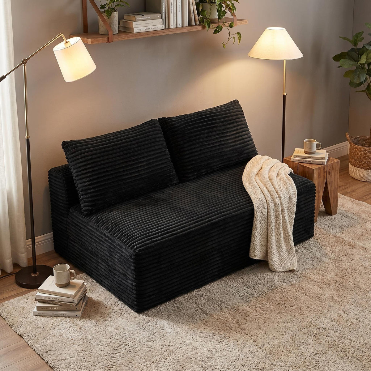 Corduroy Ground-Hugging Compressed Loveseat, Armless No-Legs 2-Seater Sofa for Living Room Small Apartment - Sonkuki