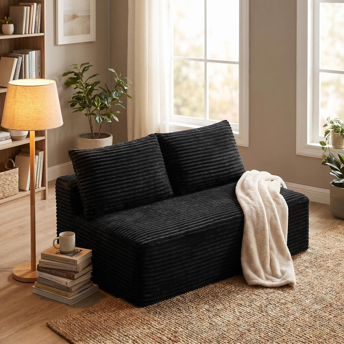 Corduroy Ground-Hugging Compressed Loveseat, Armless No-Legs 2-Seater Sofa for Living Room Small Apartment - Sonkuki