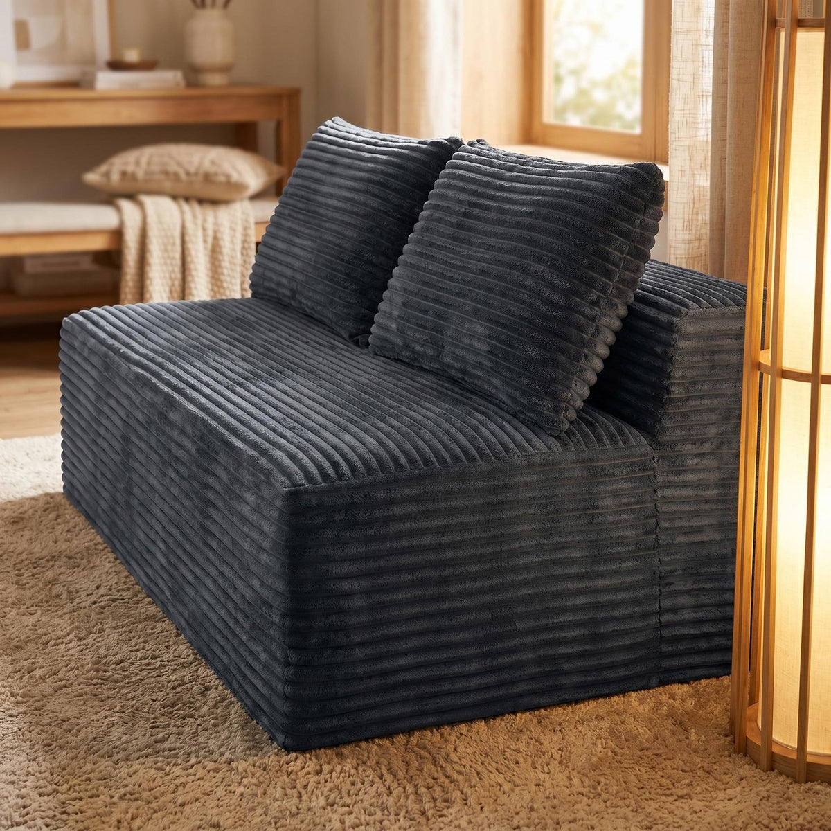 Corduroy Ground-Hugging Compressed Loveseat, Armless No-Legs 2-Seater Sofa for Living Room Small Apartment - Sonkuki