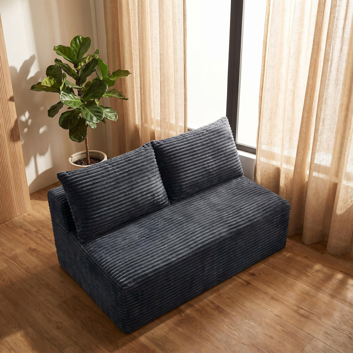 Corduroy Ground-Hugging Compressed Loveseat, Armless No-Legs 2-Seater Sofa for Living Room Small Apartment - Sonkuki