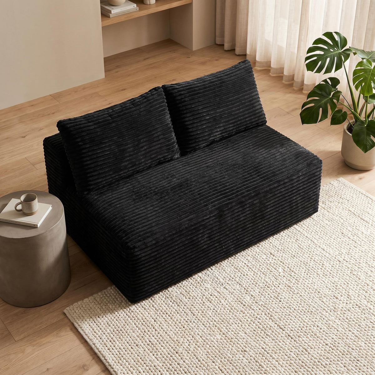 Corduroy Ground-Hugging Compressed Loveseat, Armless No-Legs 2-Seater Sofa for Living Room Small Apartment - Sonkuki