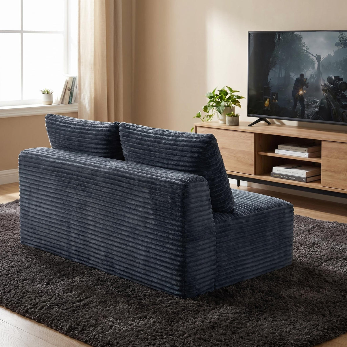 Corduroy Ground-Hugging Compressed Loveseat, Armless No-Legs 2-Seater Sofa for Living Room Small Apartment - Sonkuki