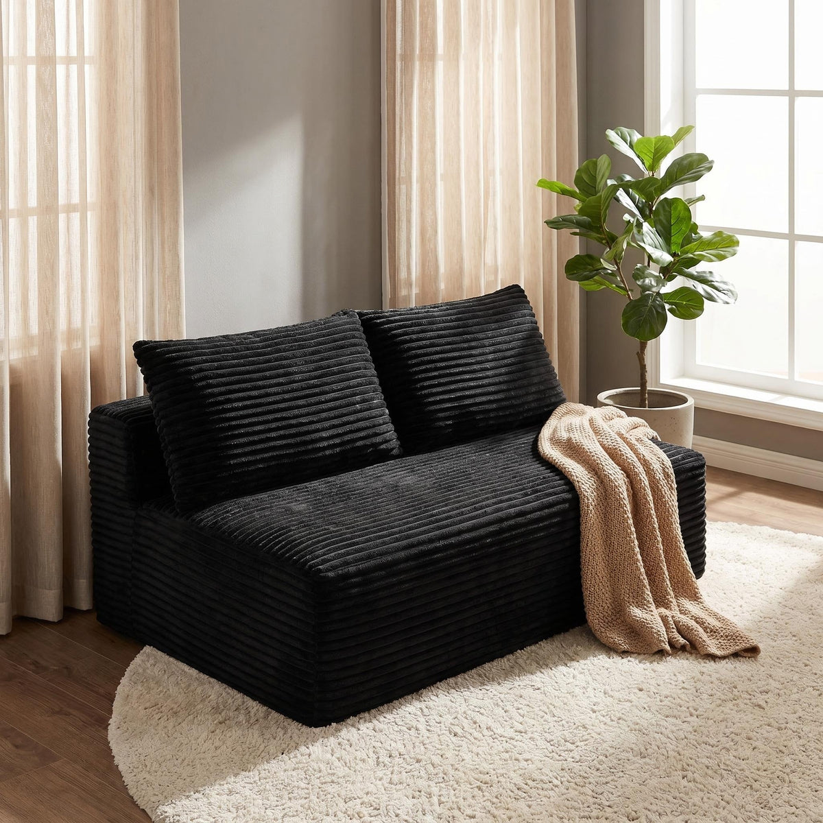 Corduroy Ground-Hugging Compressed Loveseat, Armless No-Legs 2-Seater Sofa for Living Room Small Apartment - Sonkuki