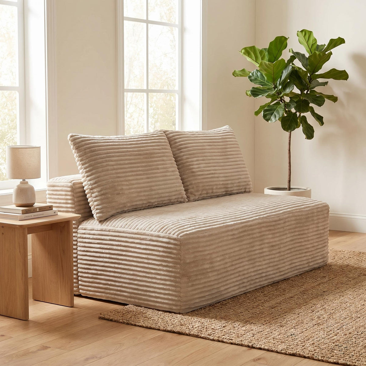 Corduroy Ground-Hugging Compressed Loveseat, Armless No-Legs 2-Seater Sofa for Living Room Small Apartment - Sonkuki