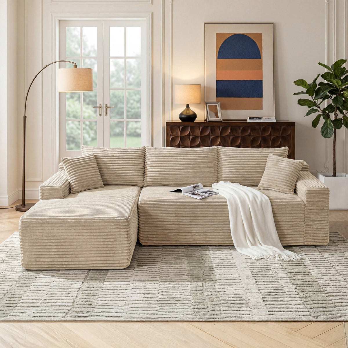 Corduroy Square Upholstered Ottoman, Soft Padded Foot Stool for Living Room Bedroom Decor - Sonkuki