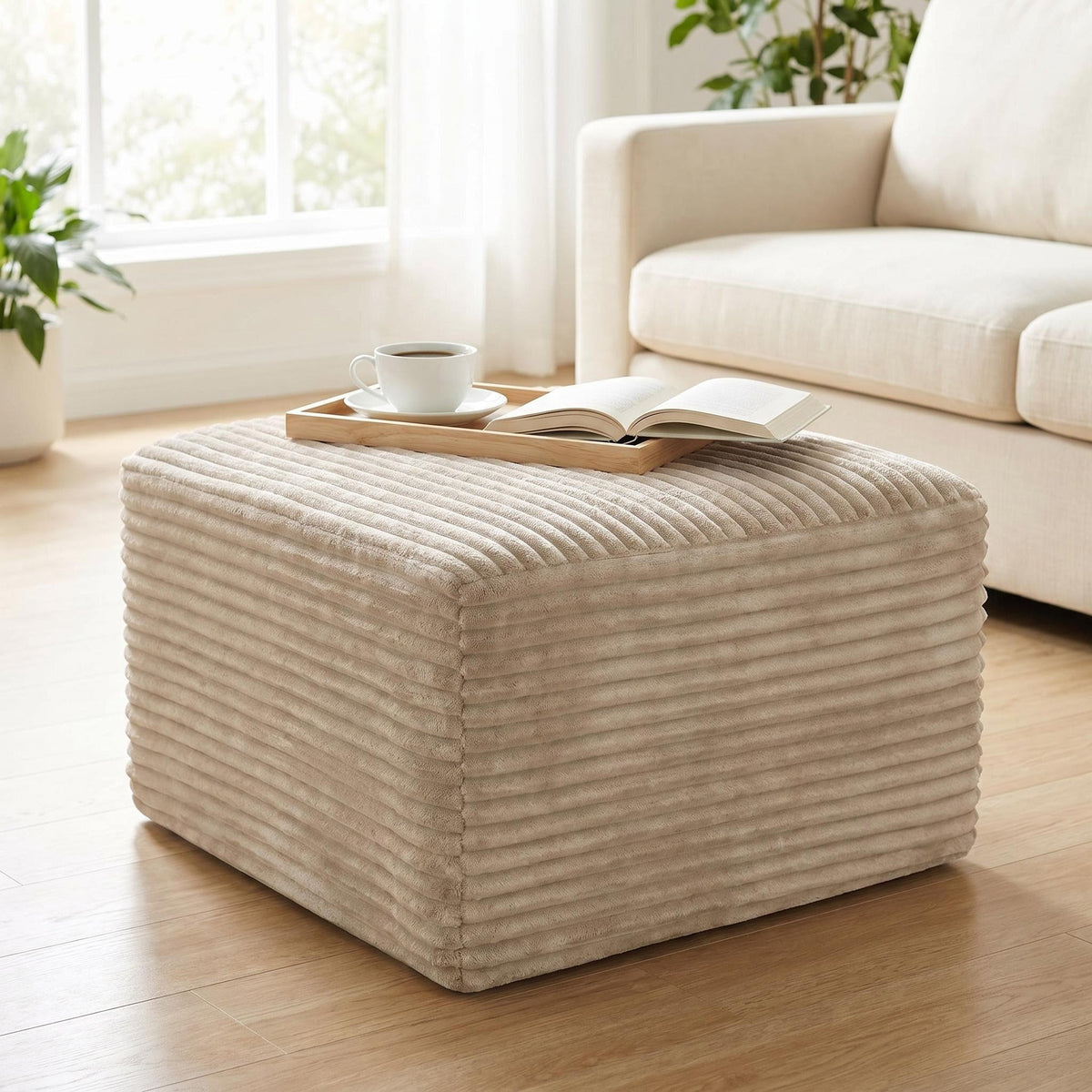 Corduroy Square Upholstered Ottoman, Soft Padded Foot Stool for Living Room Bedroom Decor - Sonkuki
