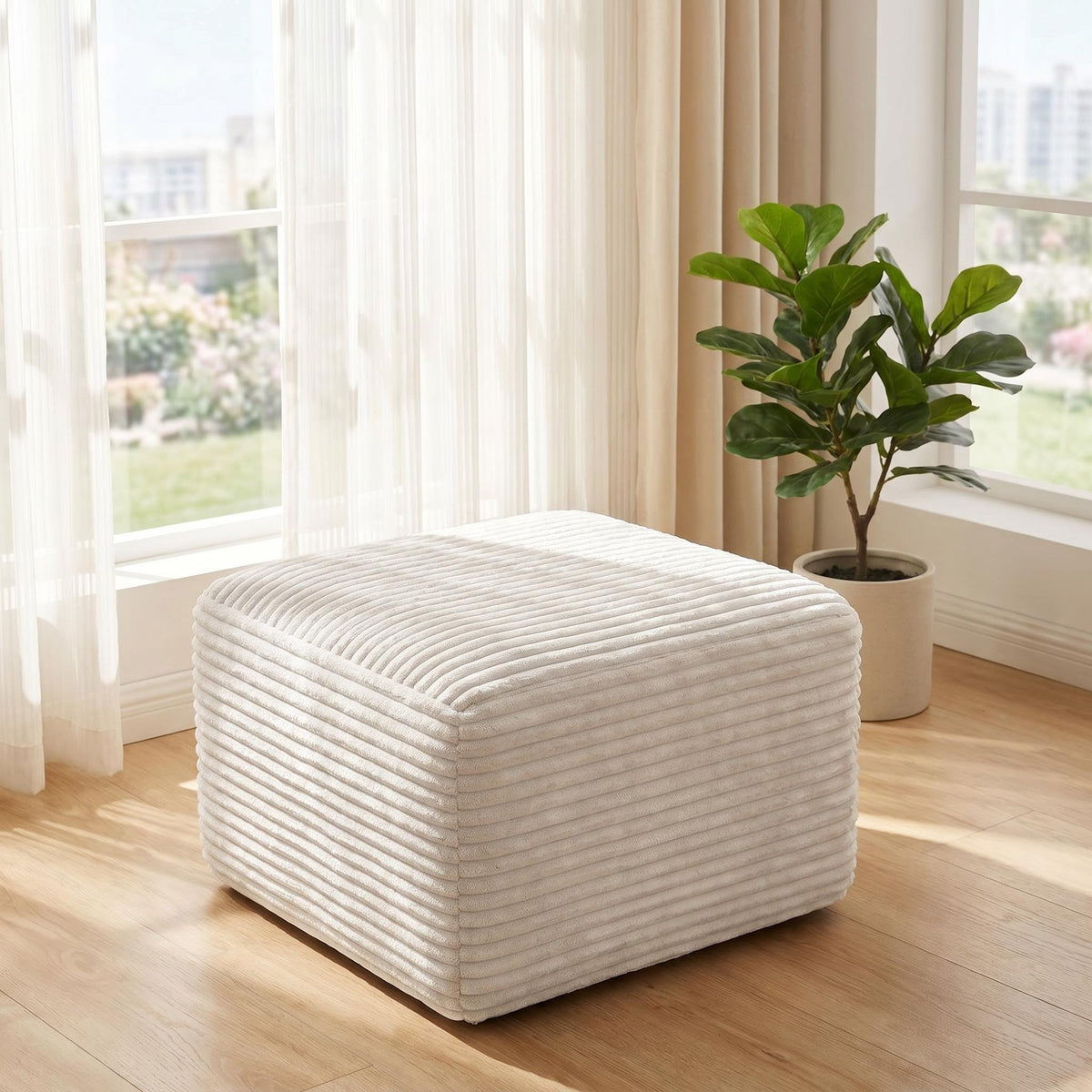 Corduroy Square Upholstered Ottoman, Soft Padded Foot Stool for Living Room Bedroom Decor - Sonkuki