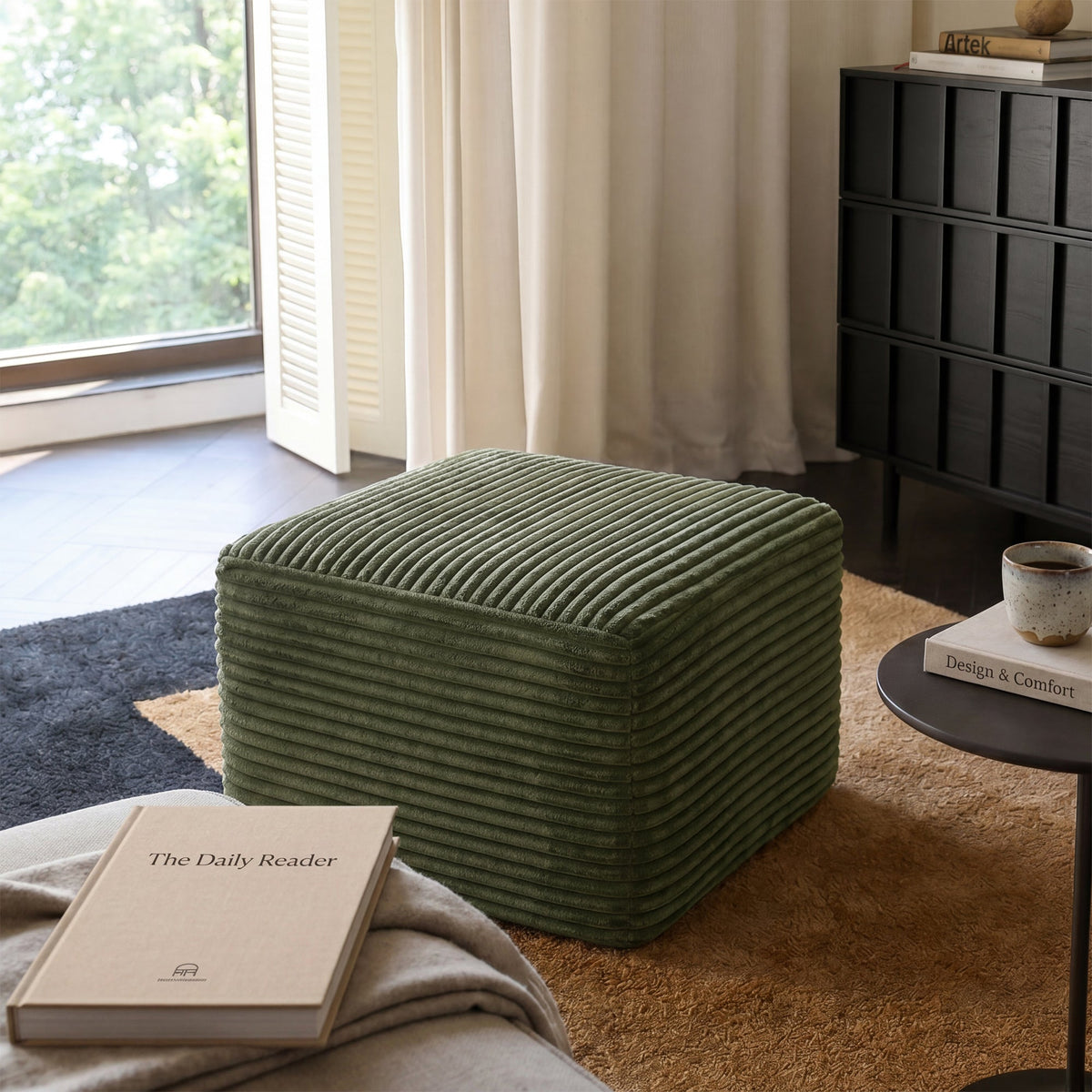 Corduroy Square Upholstered Ottoman, Soft Padded Foot Stool for Living Room Bedroom Decor - Sonkuki