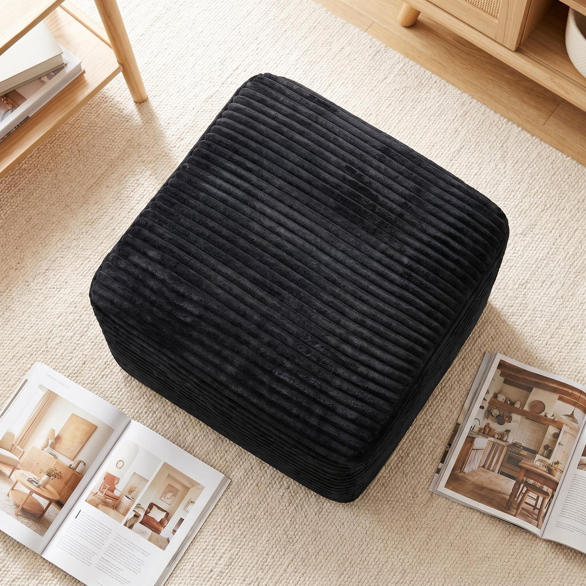 Corduroy Square Upholstered Ottoman, Soft Padded Foot Stool for Living Room Bedroom Decor - Sonkuki