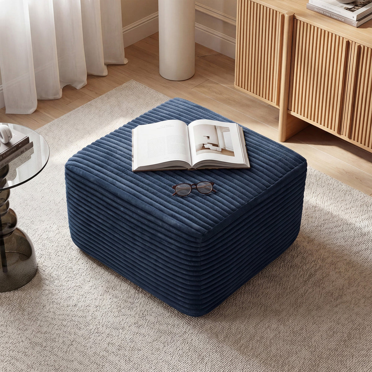 Corduroy Square Upholstered Ottoman, Soft Padded Foot Stool for Living Room Bedroom Decor - Sonkuki
