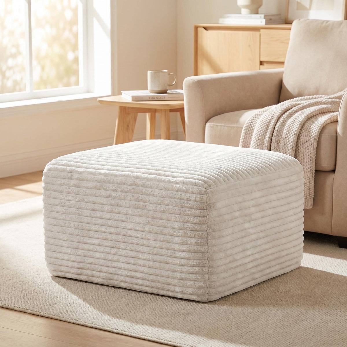 Corduroy Square Upholstered Ottoman, Soft Padded Foot Stool for Living Room Bedroom Decor - Sonkuki