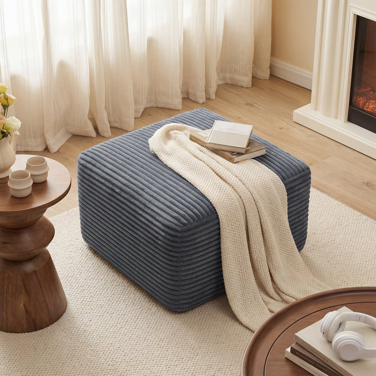 Corduroy Square Upholstered Ottoman, Soft Padded Foot Stool for Living Room Bedroom Decor - Sonkuki