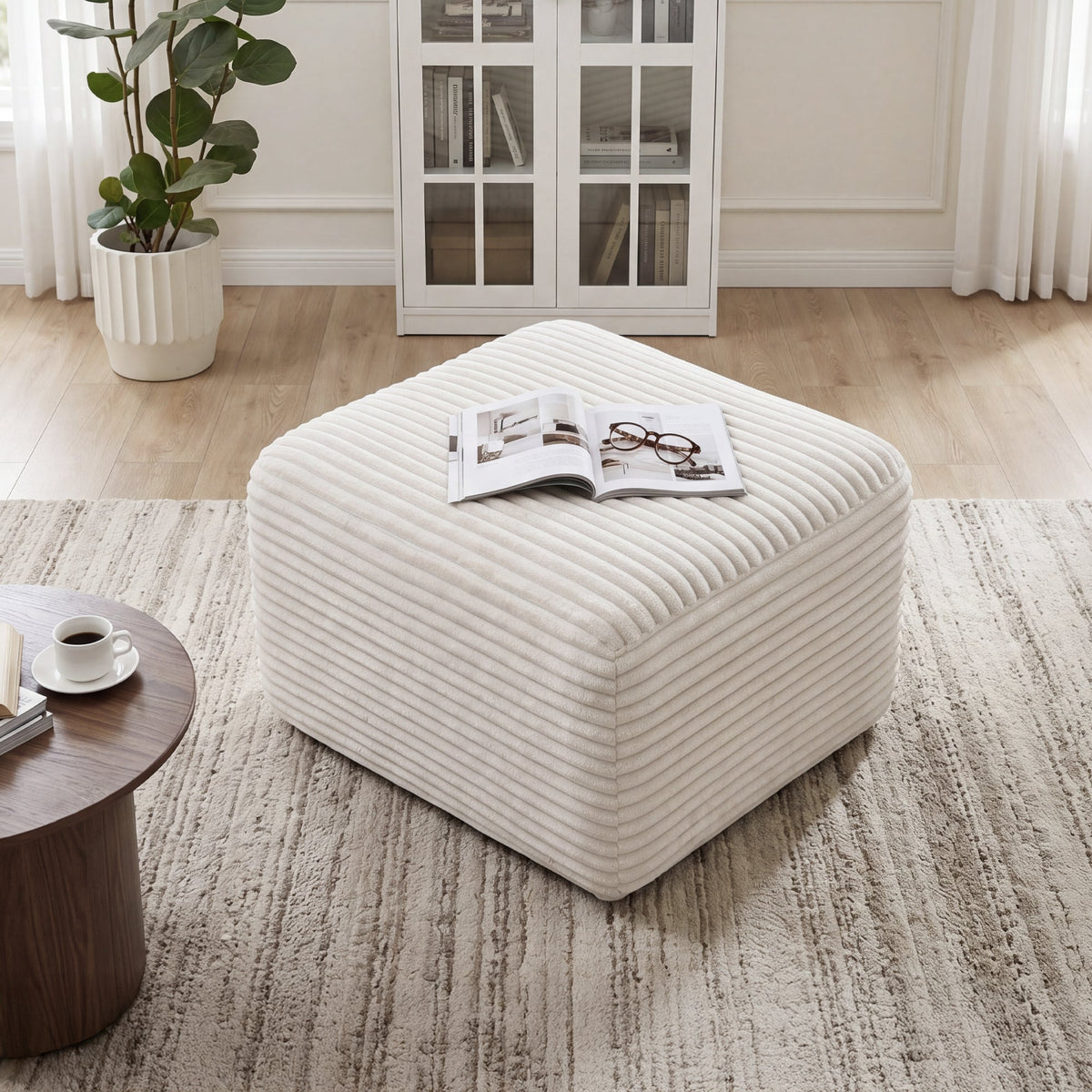 Corduroy Square Upholstered Ottoman, Soft Padded Foot Stool for Living Room Bedroom Decor - Sonkuki