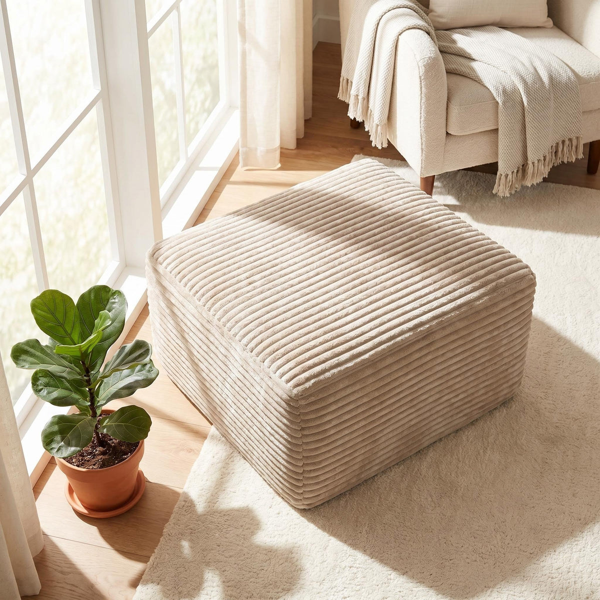 Corduroy Square Upholstered Ottoman, Soft Padded Foot Stool for Living Room Bedroom Decor - Sonkuki