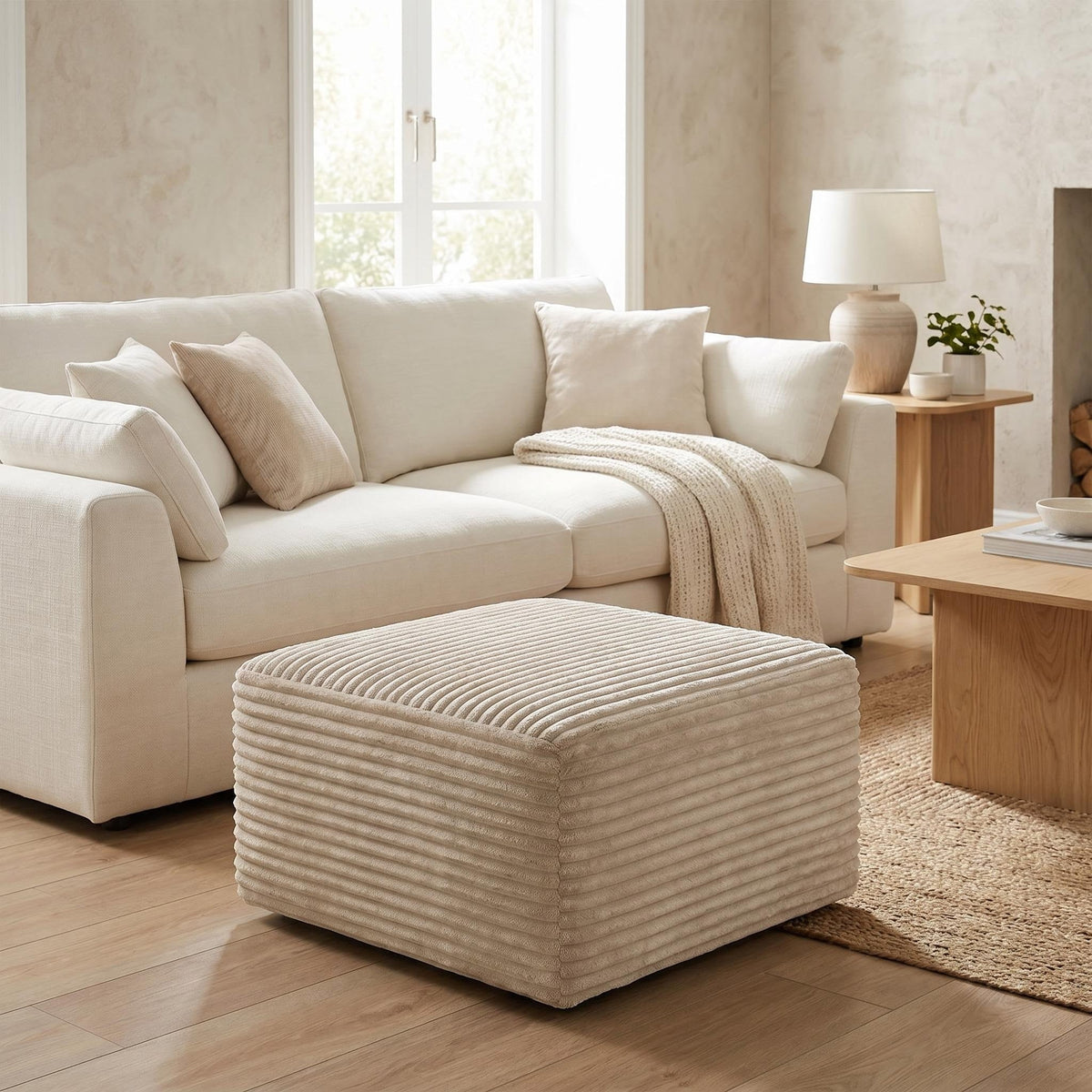 Corduroy Square Upholstered Ottoman, Soft Padded Foot Stool for Living Room Bedroom Decor - Sonkuki