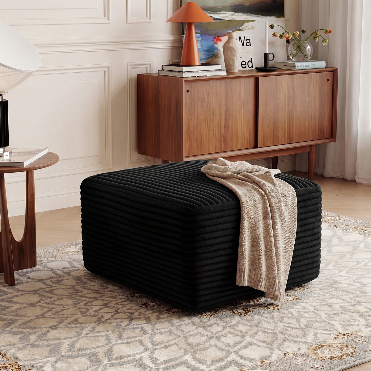 Corduroy Square Upholstered Ottoman, Soft Padded Foot Stool for Living Room Bedroom Decor - Sonkuki