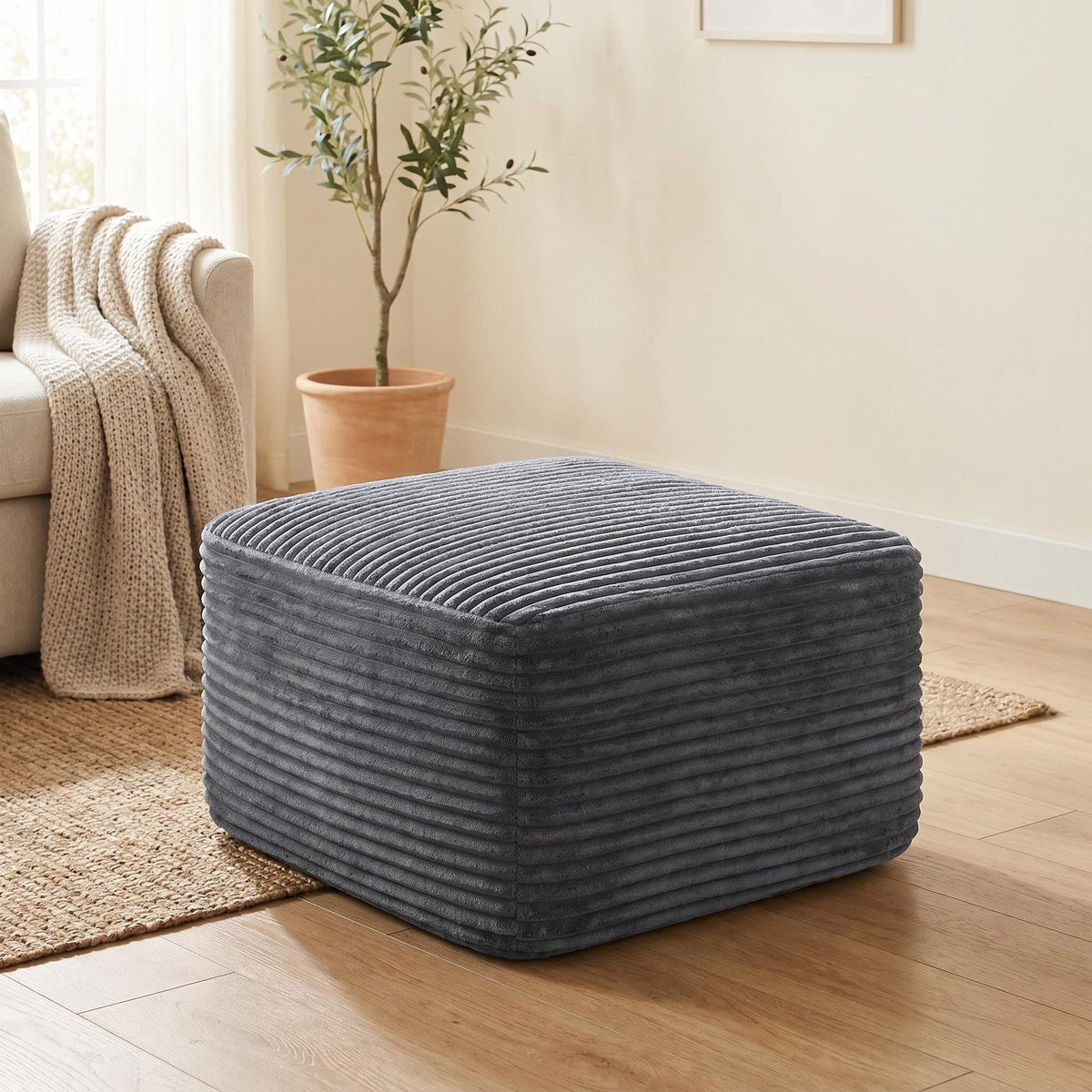 Corduroy Square Upholstered Ottoman, Soft Padded Foot Stool for Living Room Bedroom Decor - Sonkuki