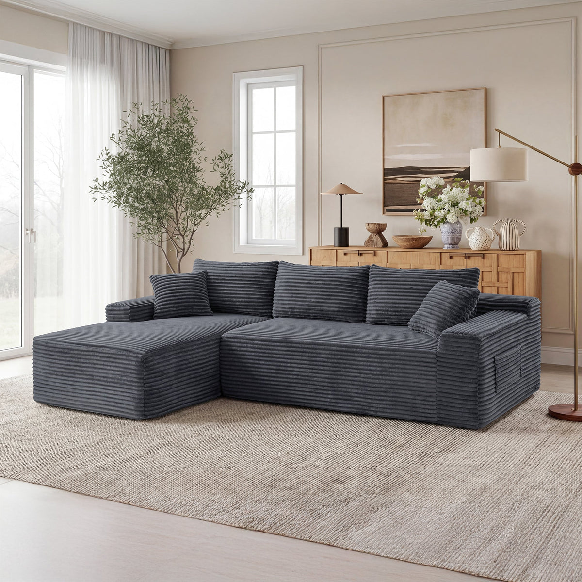 Corduroy Square Upholstered Ottoman, Soft Padded Foot Stool for Living Room Bedroom Decor - Sonkuki