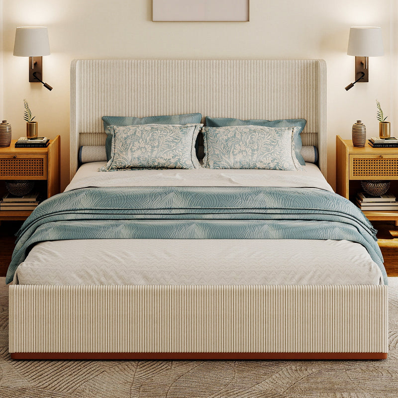 Corduroy Upholstered Platform Bed with Vertical-Channel Wingback Headboard - Sonkuki