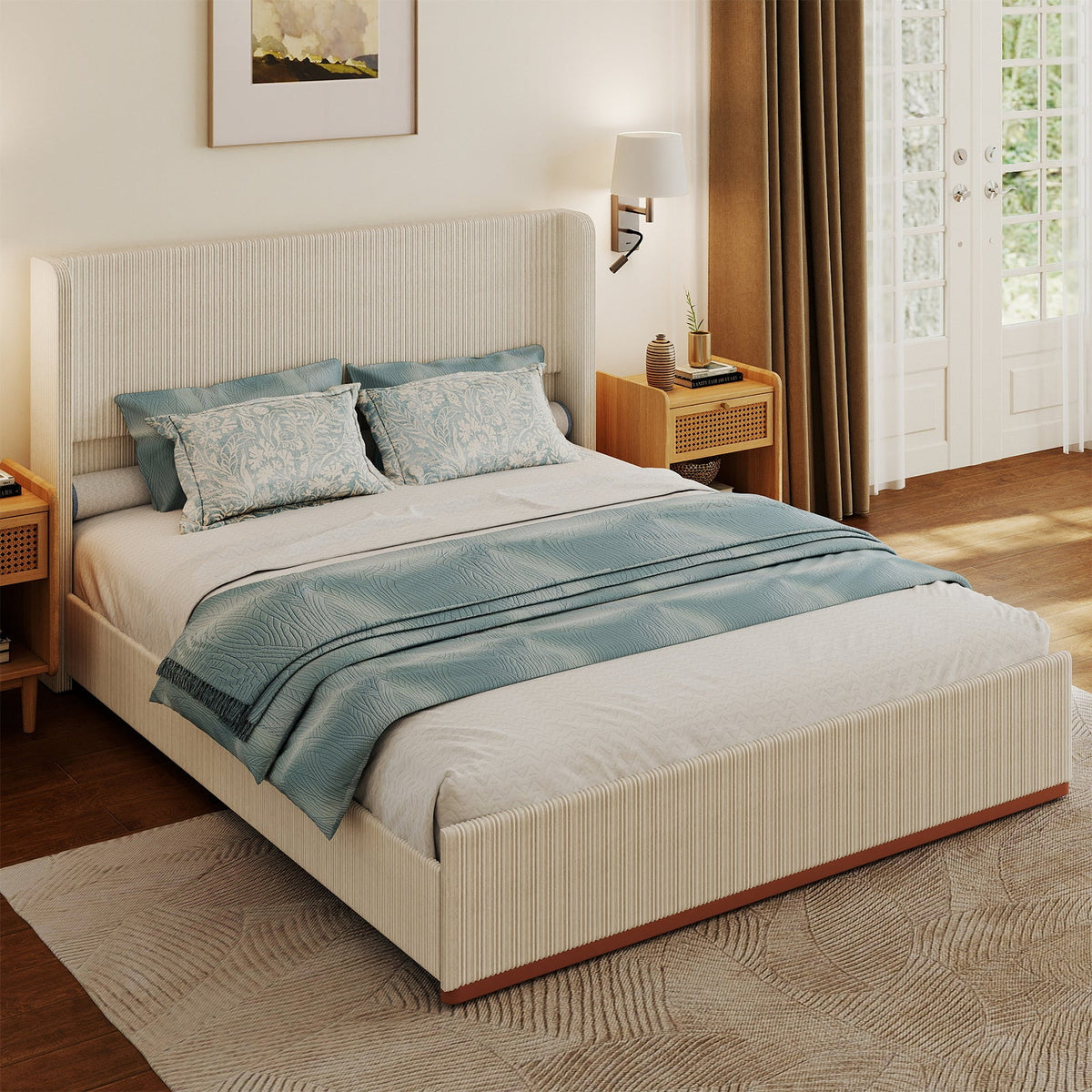 Corduroy Upholstered Platform Bed with Vertical-Channel Wingback Headboard - Sonkuki