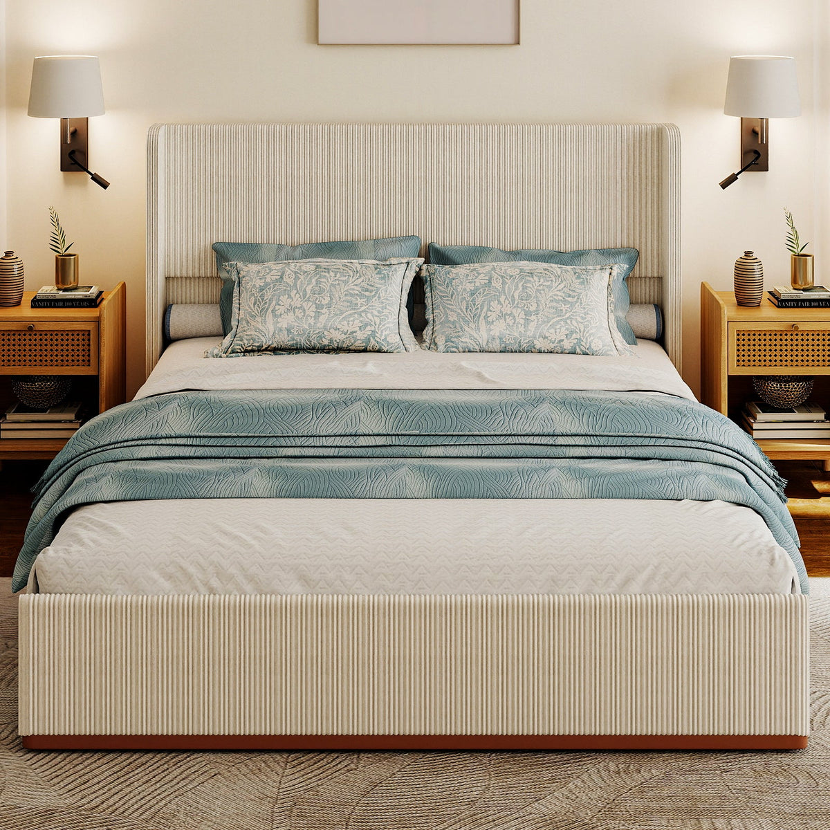 Corduroy Upholstered Platform Bed with Vertical-Channel Wingback Headboard - Sonkuki