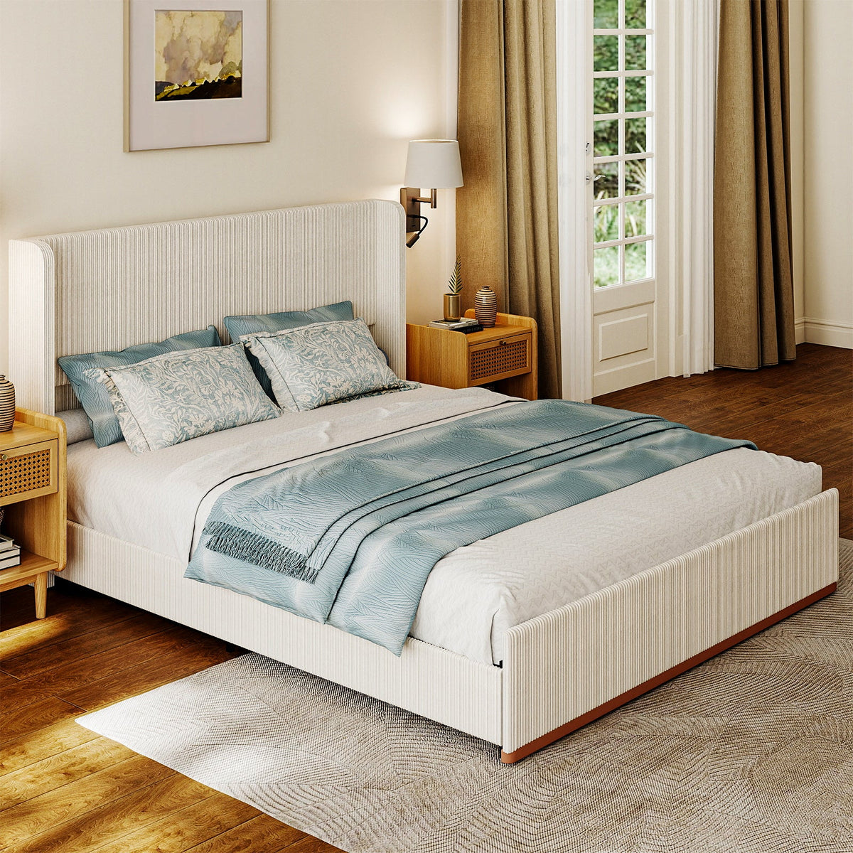 Corduroy Upholstered Platform Bed with Vertical-Channel Wingback Headboard - Sonkuki