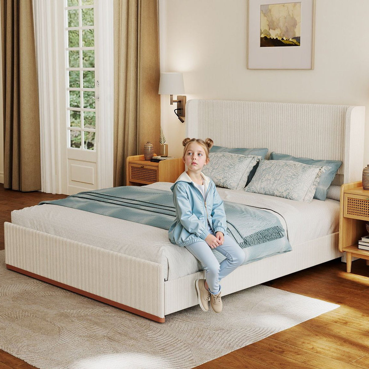 Corduroy Upholstered Platform Bed with Vertical-Channel Wingback Headboard - Sonkuki