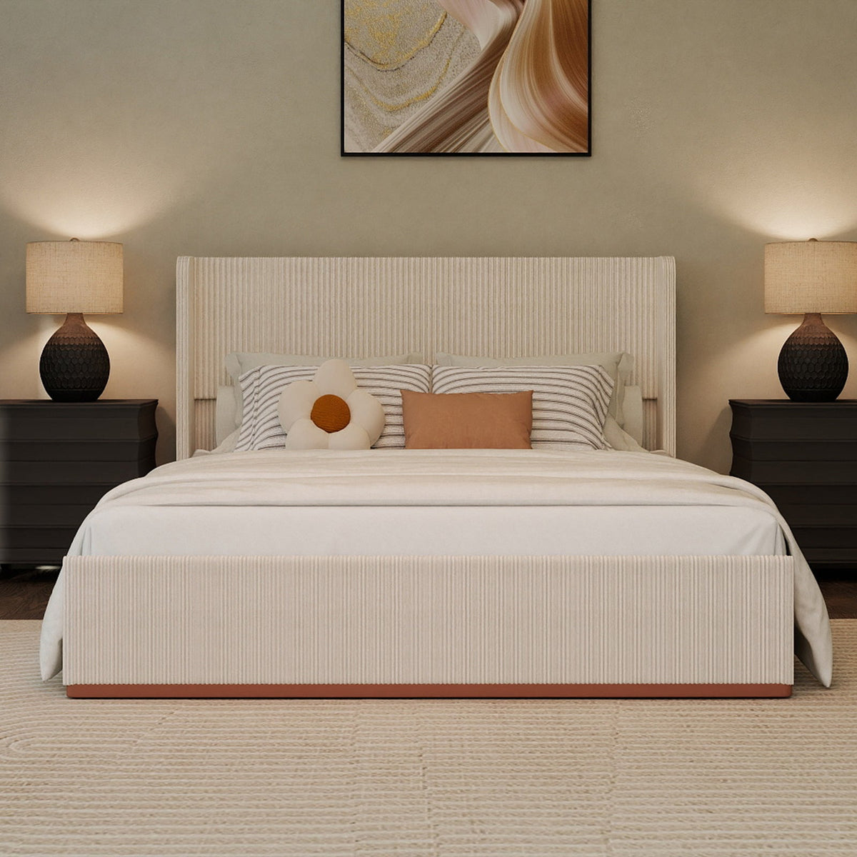 Corduroy Upholstered Platform Bed with Vertical-Channel Wingback Headboard - Sonkuki