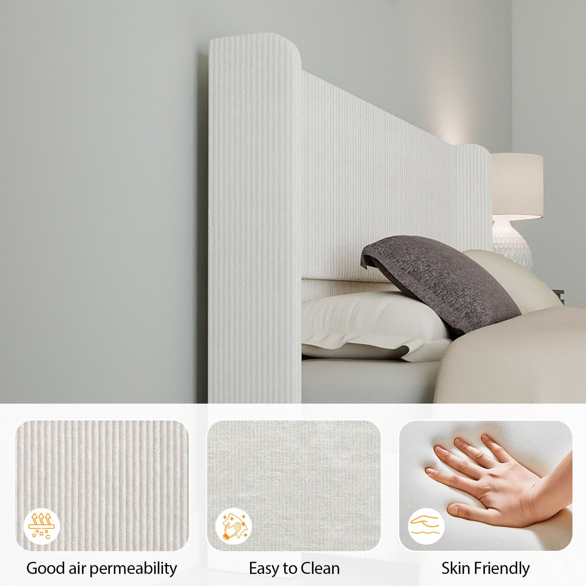 Corduroy Upholstered Platform Bed with Vertical-Channel Wingback Headboard - Sonkuki