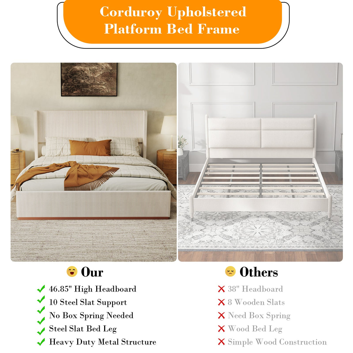 Corduroy Upholstered Platform Bed with Vertical-Channel Wingback Headboard - Sonkuki