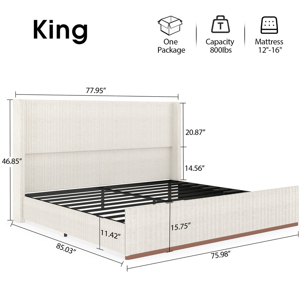 Corduroy Upholstered Platform Bed with Vertical-Channel Wingback Headboard - Sonkuki