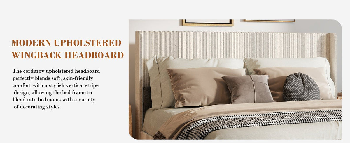 Corduroy Upholstered Platform Bed with Vertical-Channel Wingback Headboard - Sonkuki