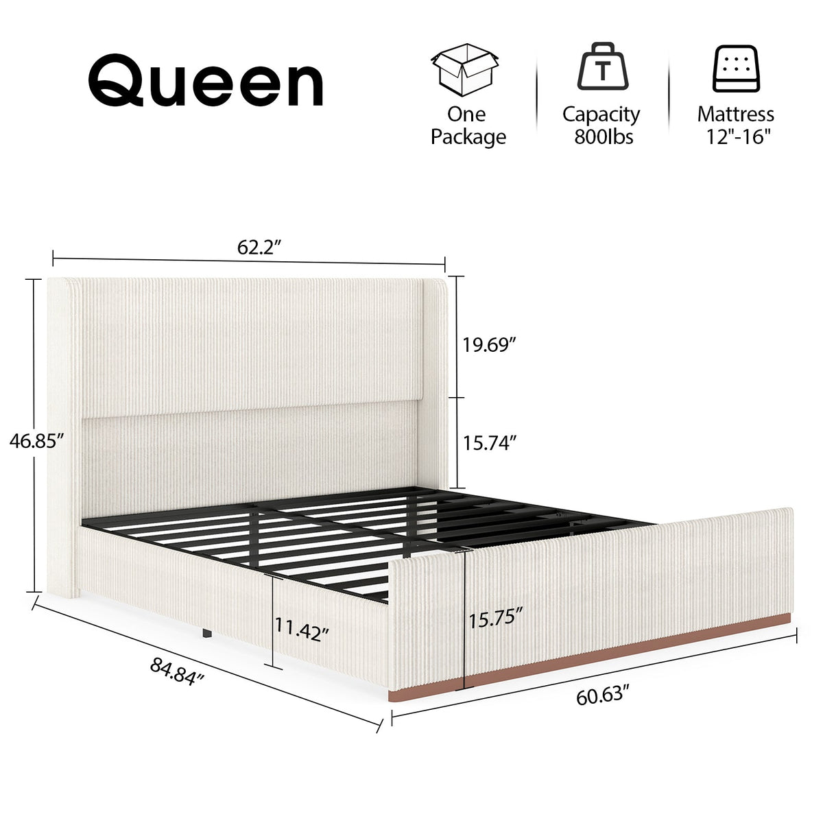 Corduroy Upholstered Platform Bed with Vertical-Channel Wingback Headboard - Sonkuki