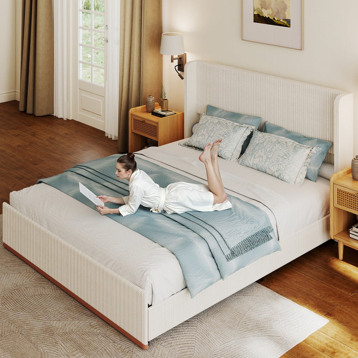 Corduroy Upholstered Platform Bed with Vertical-Channel Wingback Headboard - Sonkuki