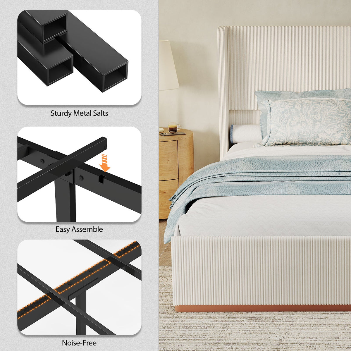 Corduroy Upholstered Platform Bed with Vertical-Channel Wingback Headboard - Sonkuki