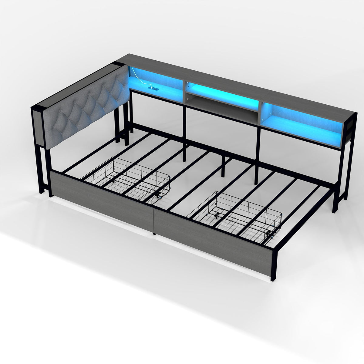 Corner Daybed with Upholstered Headboard, Bookcase, Two Drawers, RGB LED Lights and Charging Station - Sonkuki