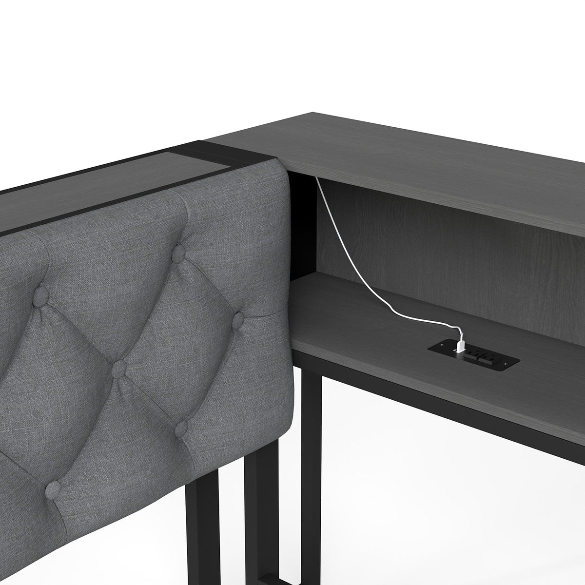 Corner Daybed with Upholstered Headboard, Bookcase, Two Drawers, RGB LED Lights and Charging Station - Sonkuki