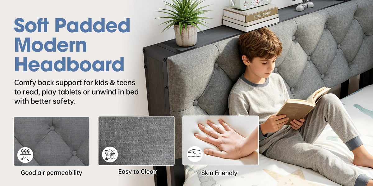 Corner Daybed with Upholstered Headboard, Bookcase, Two Drawers, RGB LED Lights and Charging Station - Sonkuki