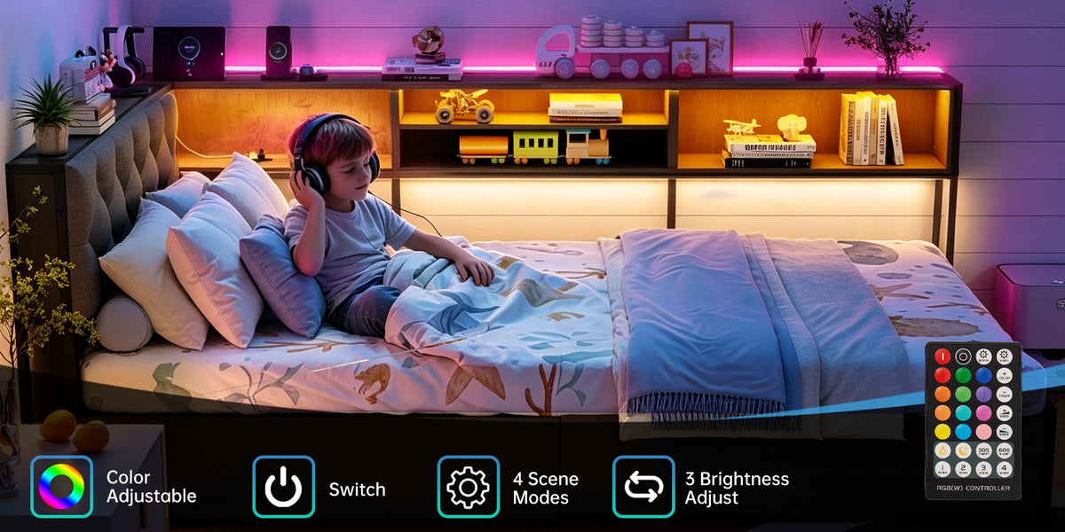 Corner Daybed with Upholstered Headboard, Bookcase, Two Drawers, RGB LED Lights and Charging Station - Sonkuki